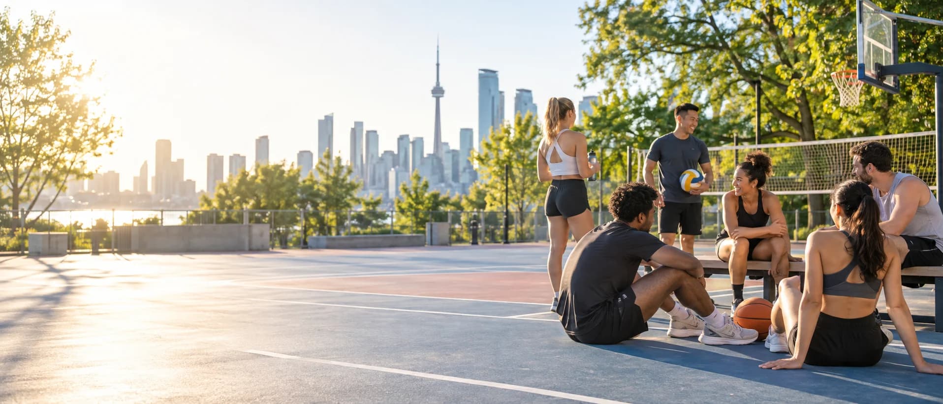A group of athletes gathering on an outdoor sports court beside the Toronto skyline